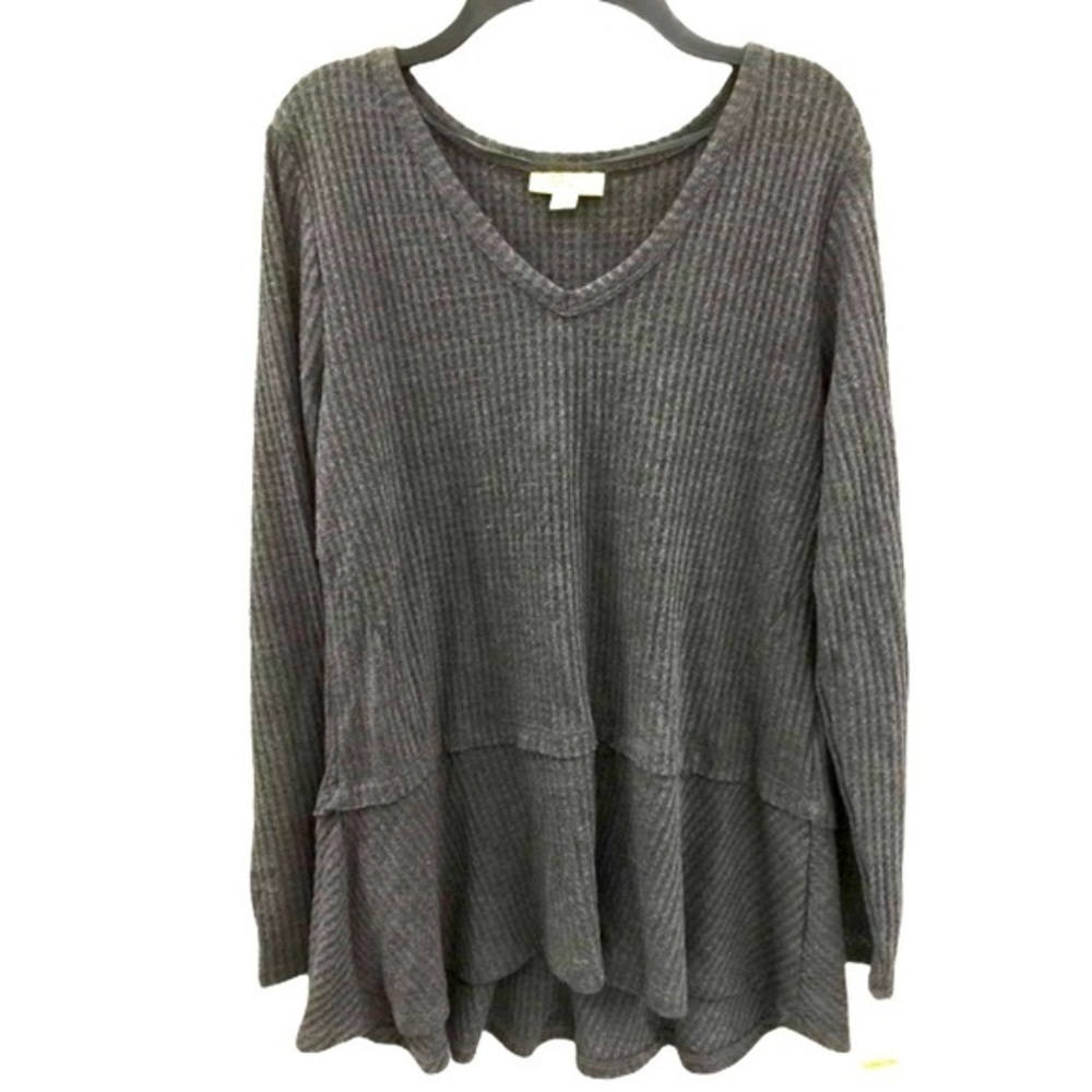 Style & Co sz L grey long sleeve v-neck waffle top